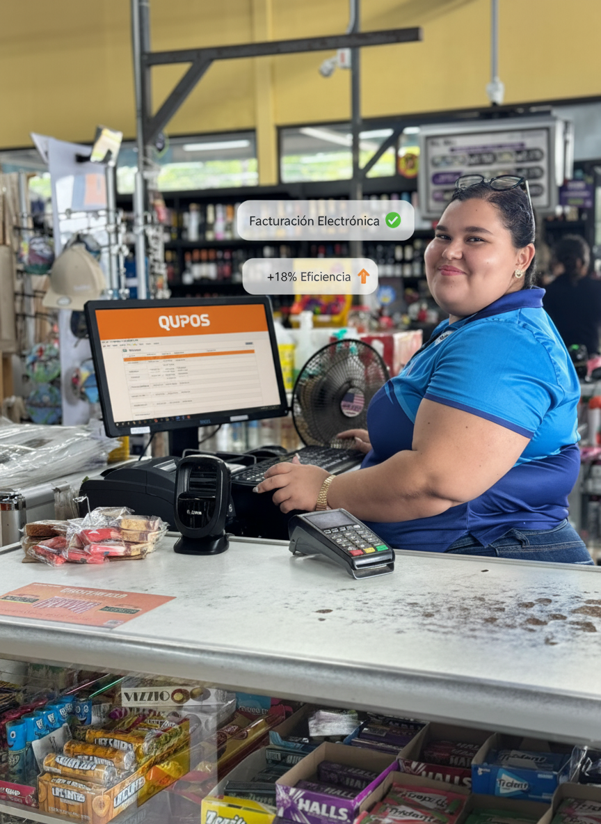 Cajera de supermercado usando el sistema Qupos